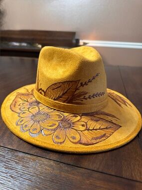 Mustard Suede Wide-Brim Hat with Hand-Drawn Floral Detail